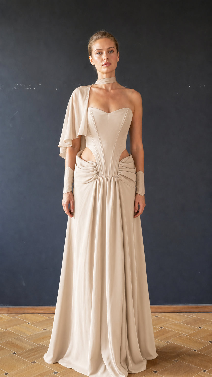 Beige color variant of cutout draped evening dress