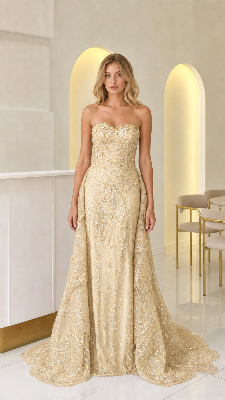 Front view of champagne gold strapless beaded evening gown with train
