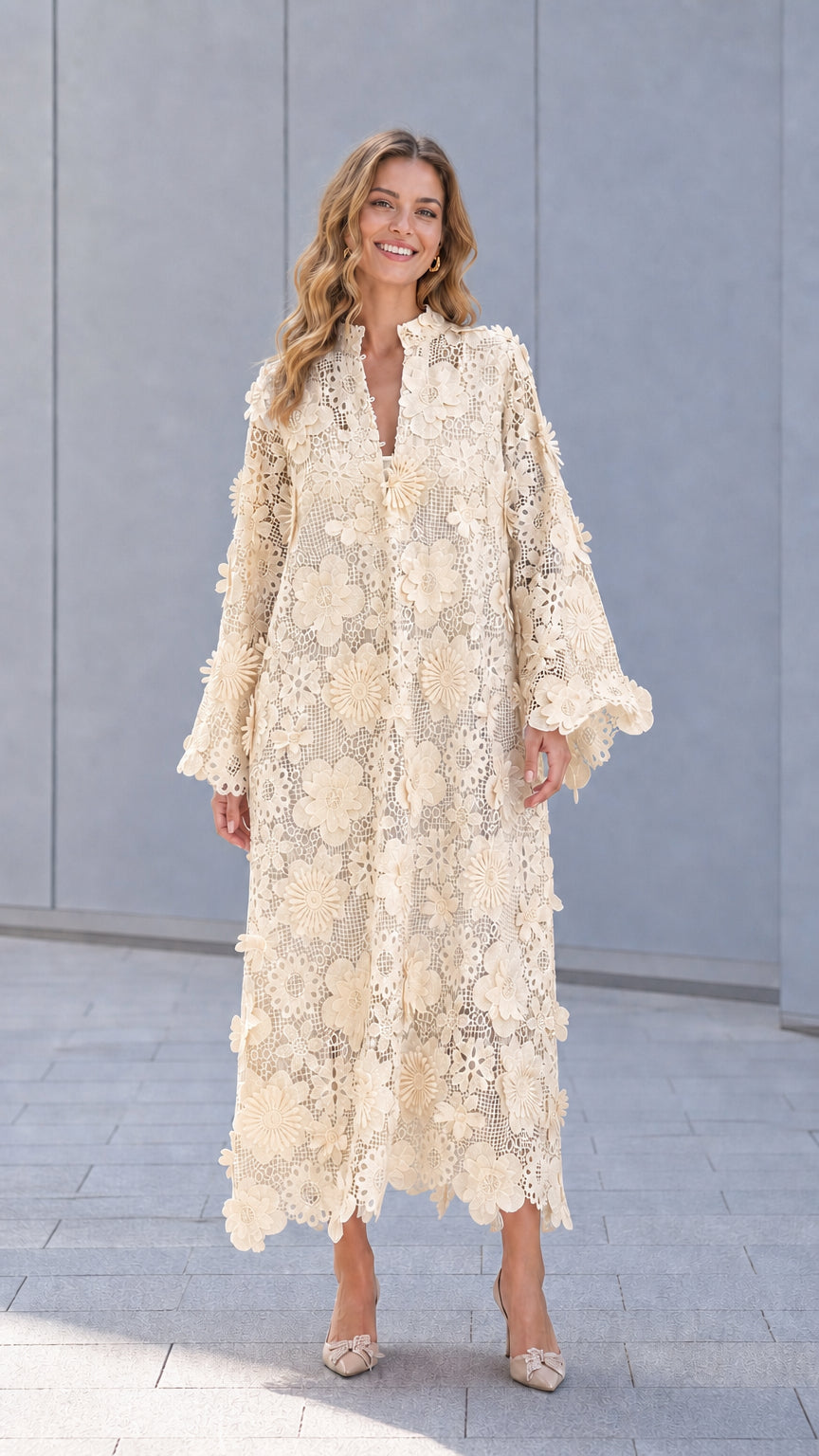 Model wearing champagne floral lace maxi dress