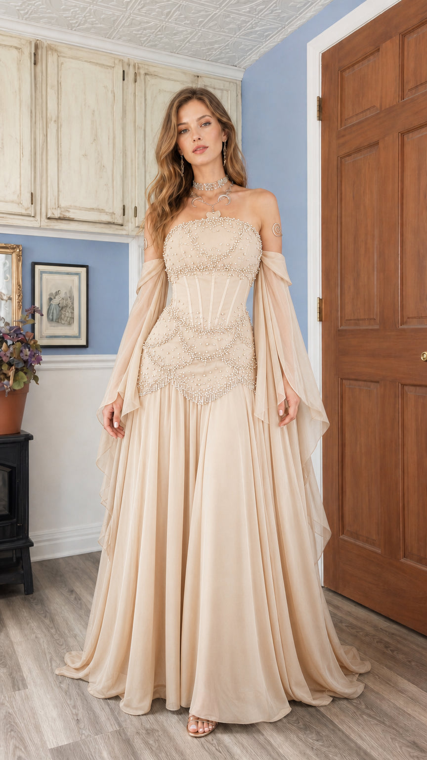 Champagne beige strapless beaded corset evening gown with cape sleeves