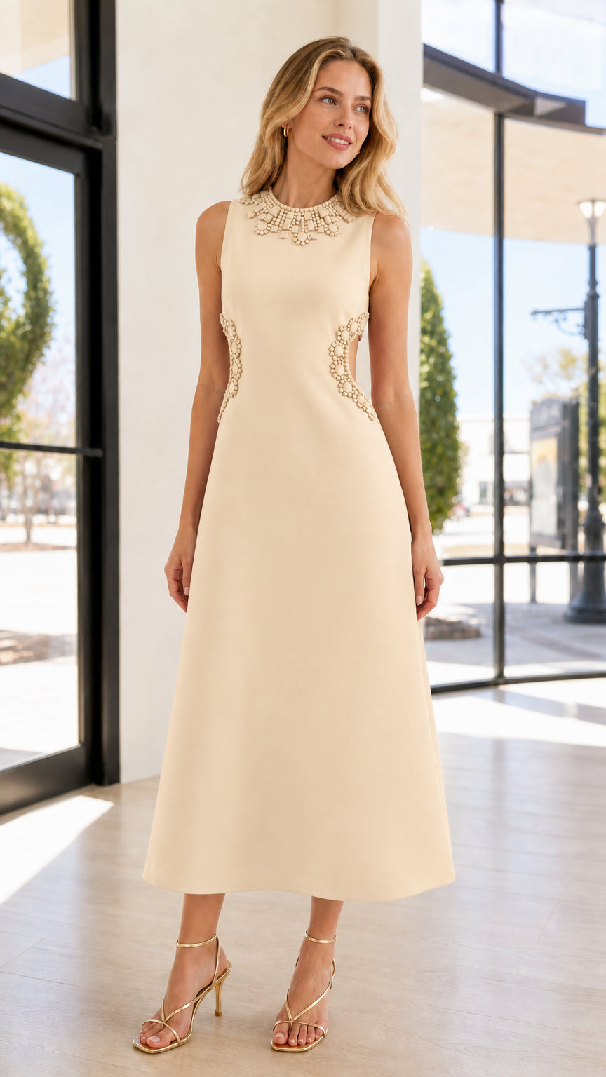 Front view of cream beaded cutout midi dress