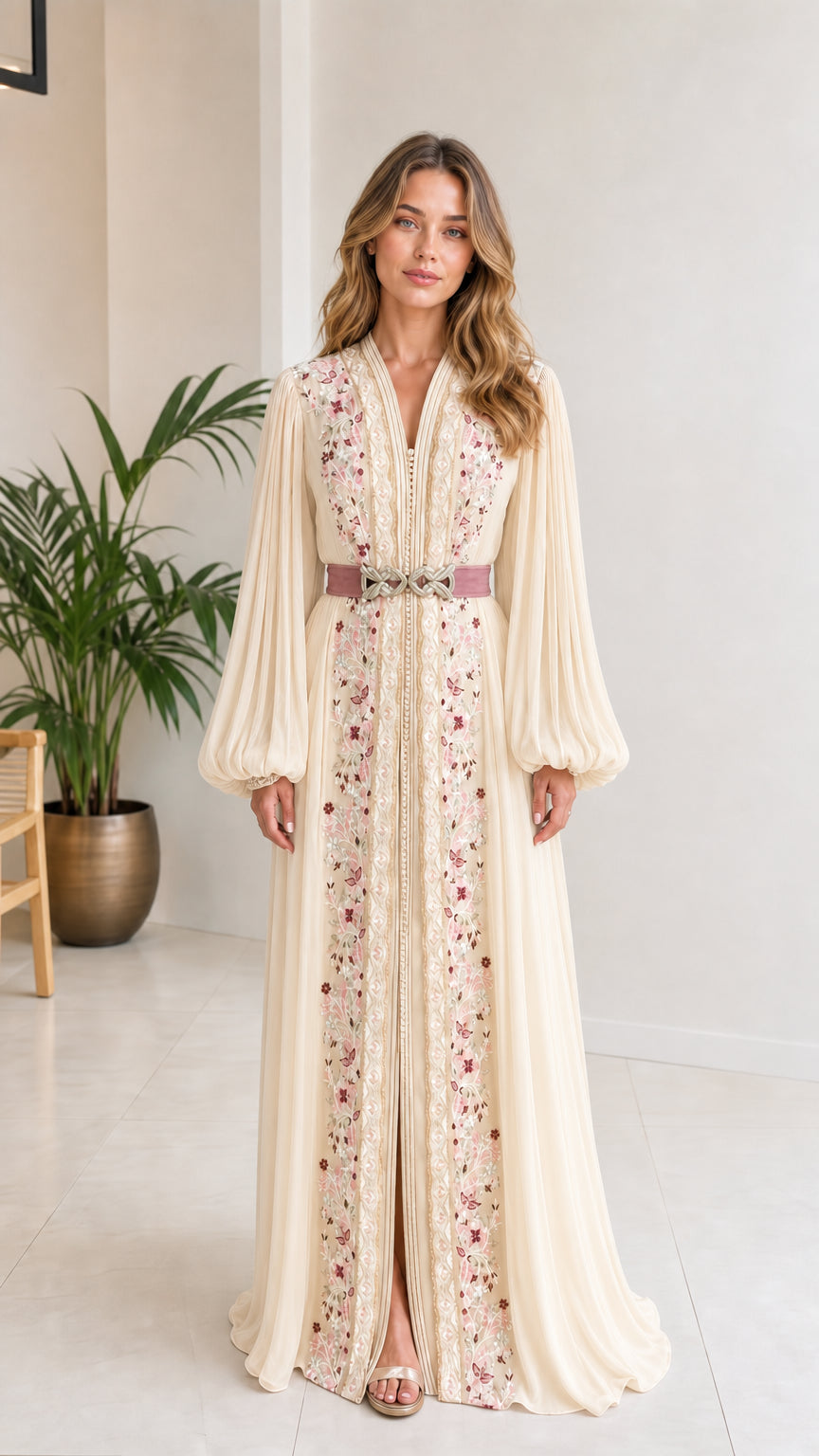 Champagne cream embroidered kaftan maxi dress with decorative waist belt