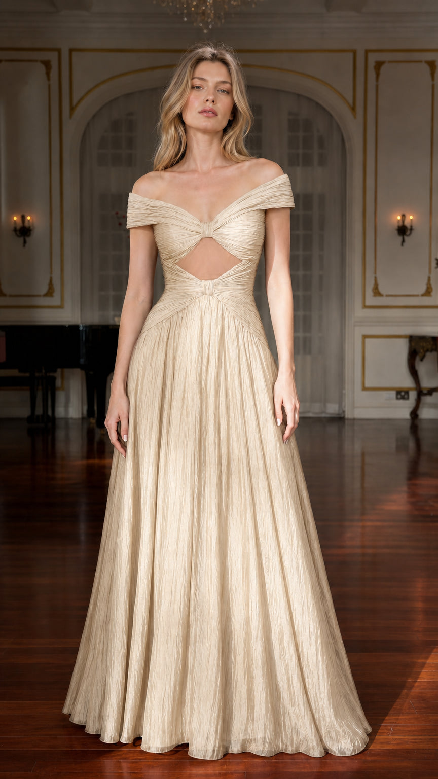 Front view of model wearing champagne colored formal gown
