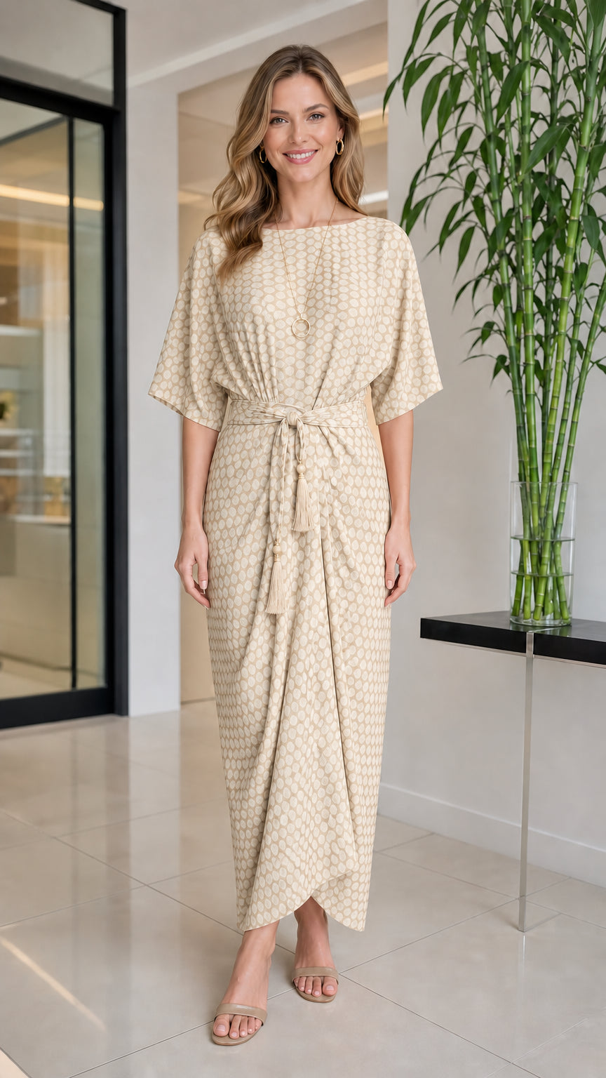 Front view of woman wearing beige geometric print maxi dress