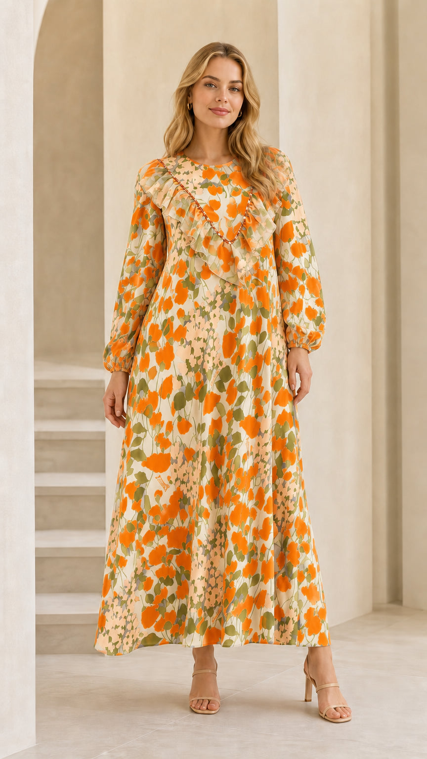 Full front view of model wearing golden yellow floral long sleeve maxi dress