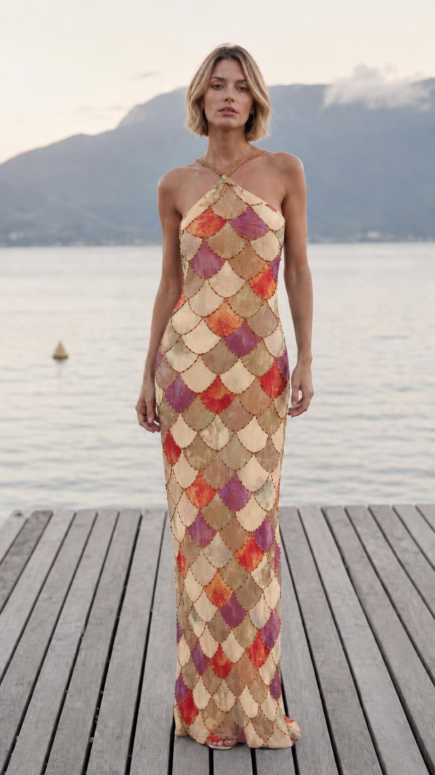 Front view of champagne color variant maxi dress