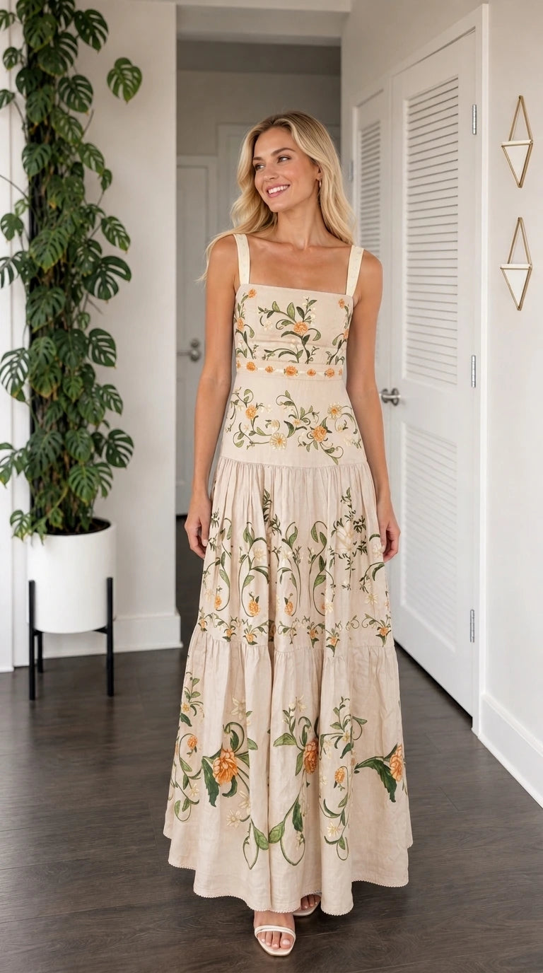 Front view of model wearing beige floral embroidered tiered maxi dress