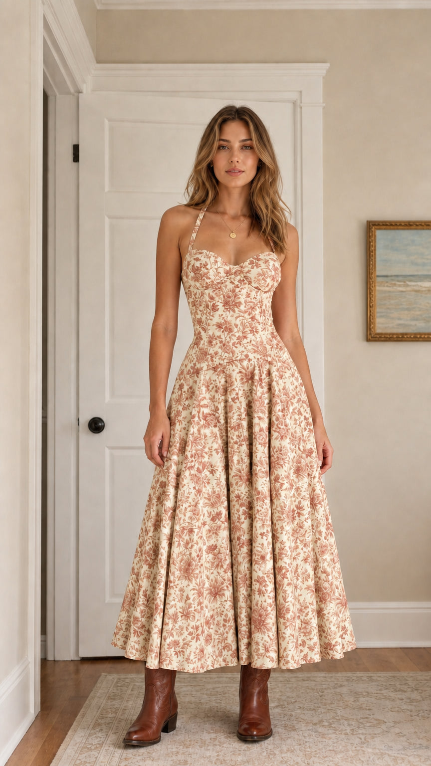 Front view of woman wearing beige floral halter midi dress