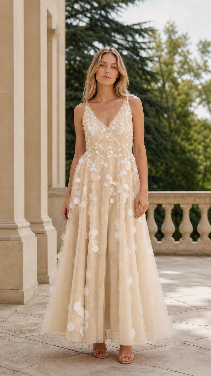 Full length view of woman in champagne sequin tulle maxi dress