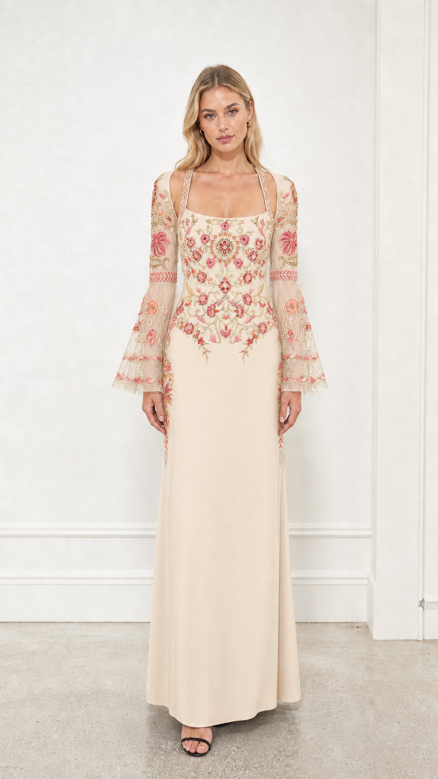 Front view of champagne embroidered evening dress