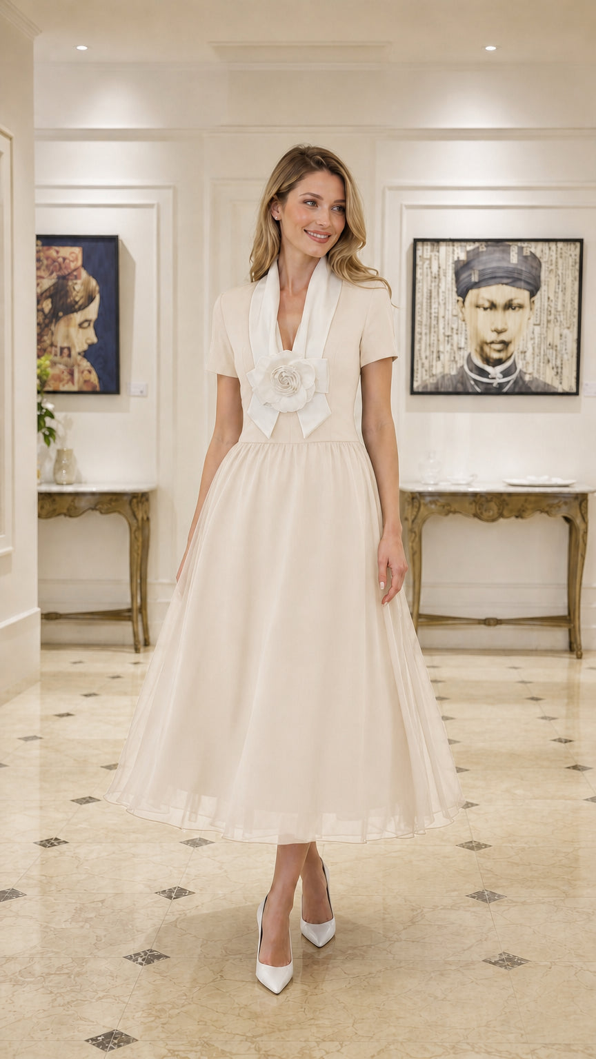 Front full view of Champagne tulle midi dress