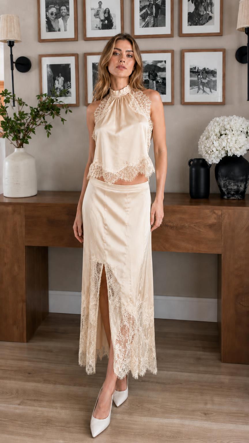 Champagne Satin Lace Trim High Neck Crop Top and Midi Skirt Set
