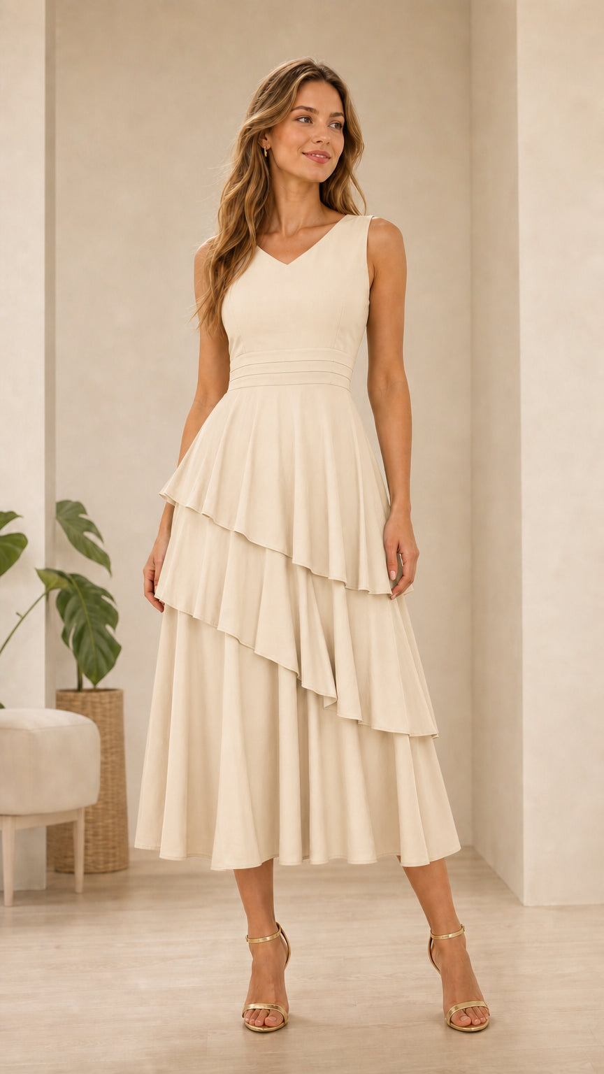 Elegance Tiered V-Neck Midi Dress in Beige