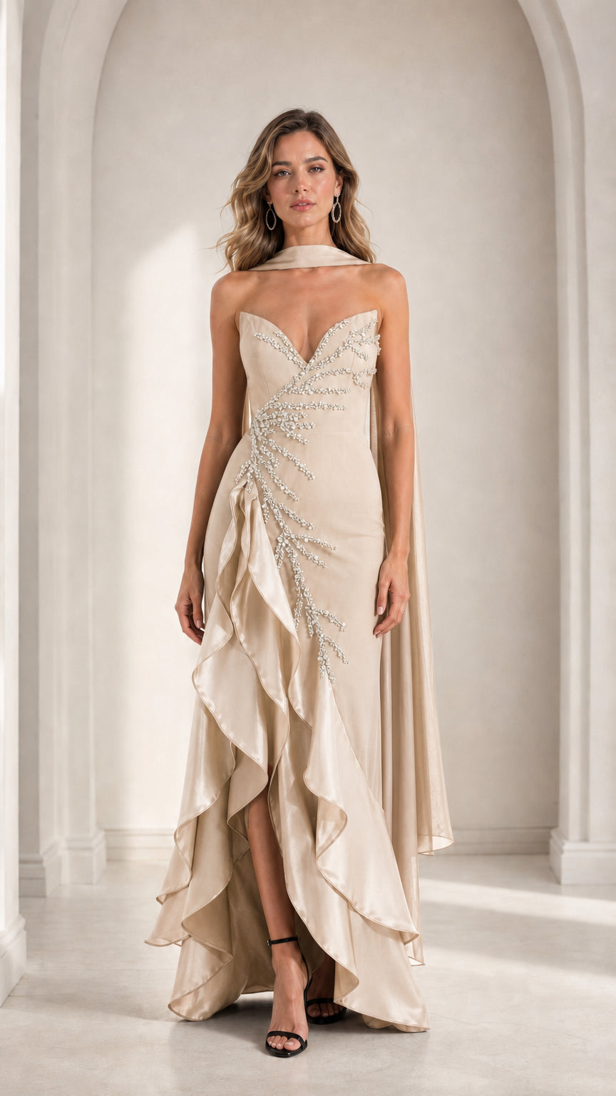Champagne beige strapless beaded evening gown with cascading ruffles front view
