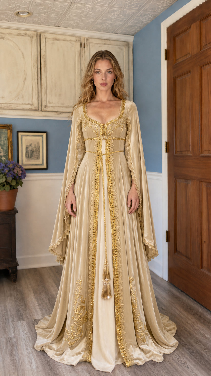 Front view of the champagne Renaissance velvet medieval gown