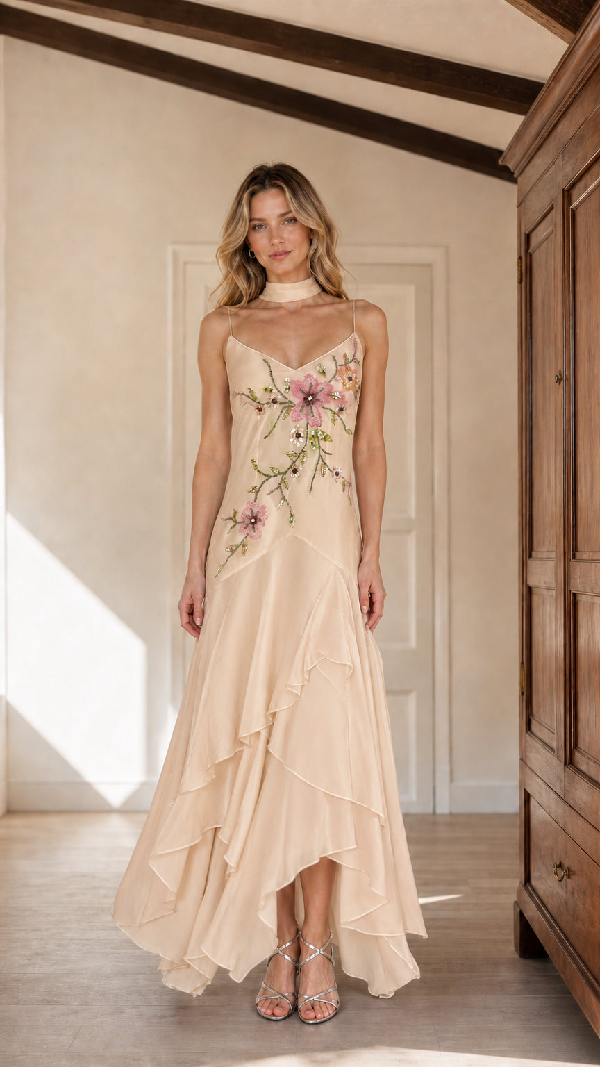 Champagne beige beaded floral chiffon maxi dress with ruffled hem