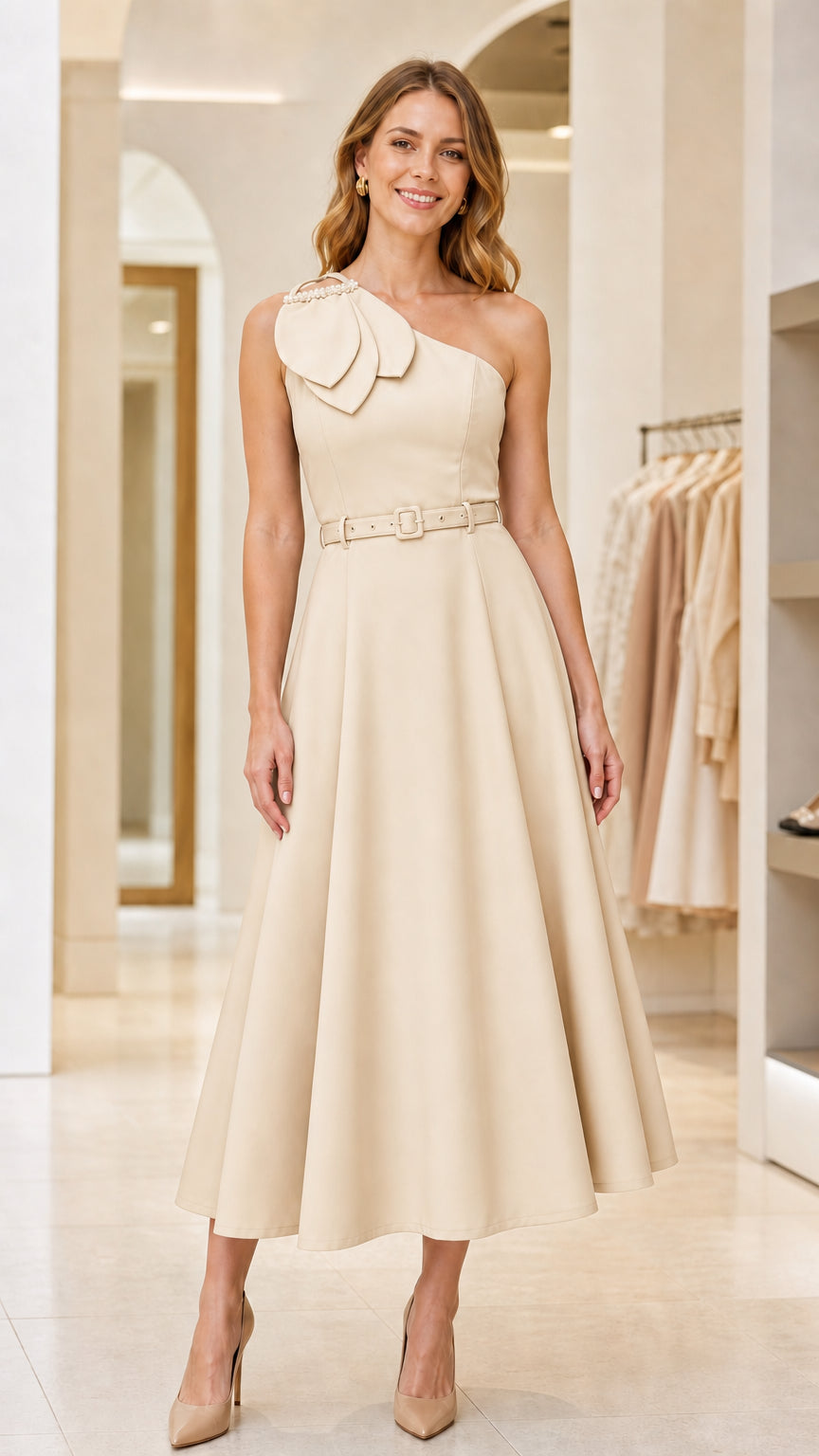 Model wearing champagne one-shoulder midi dress with belt