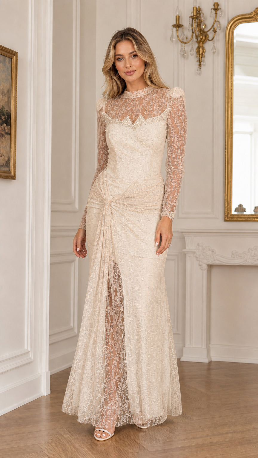 Full front view of a woman wearing a champagne ivory long sleeve lace evening gown