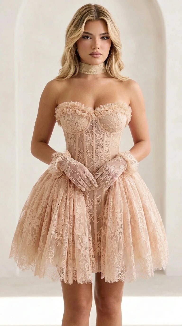 Front view of model wearing nude beige lace corset mini dress