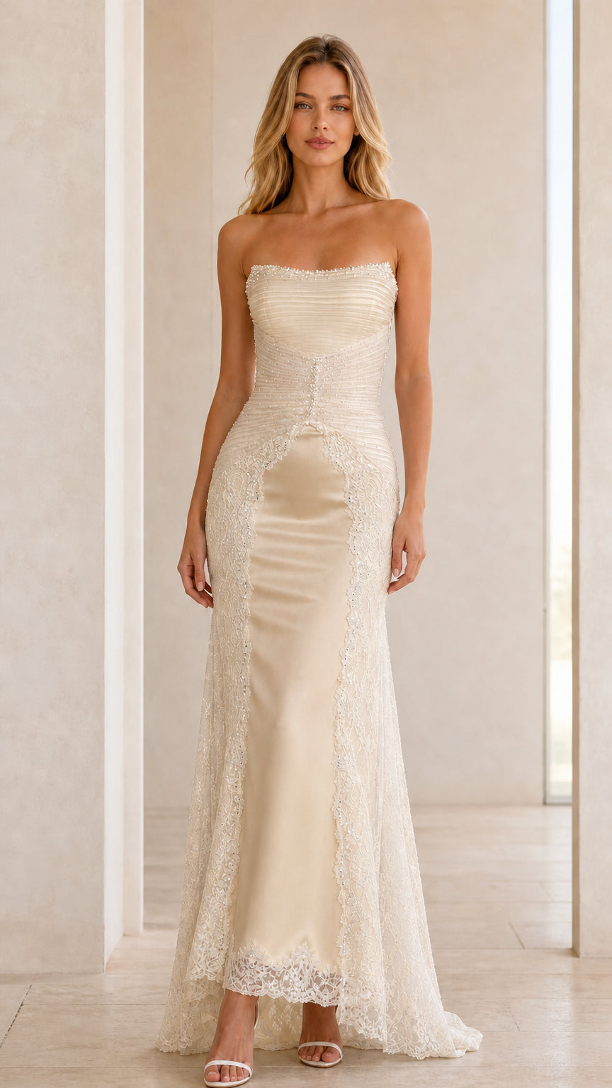 Front view of champagne ivory strapless satin formal gown with lace trim