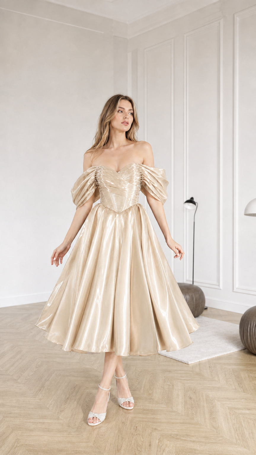 Front full view of champagne metallic off-shoulder cocktail dress