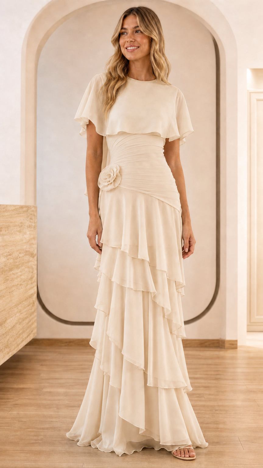 Full view of champagne elegant maxi dress