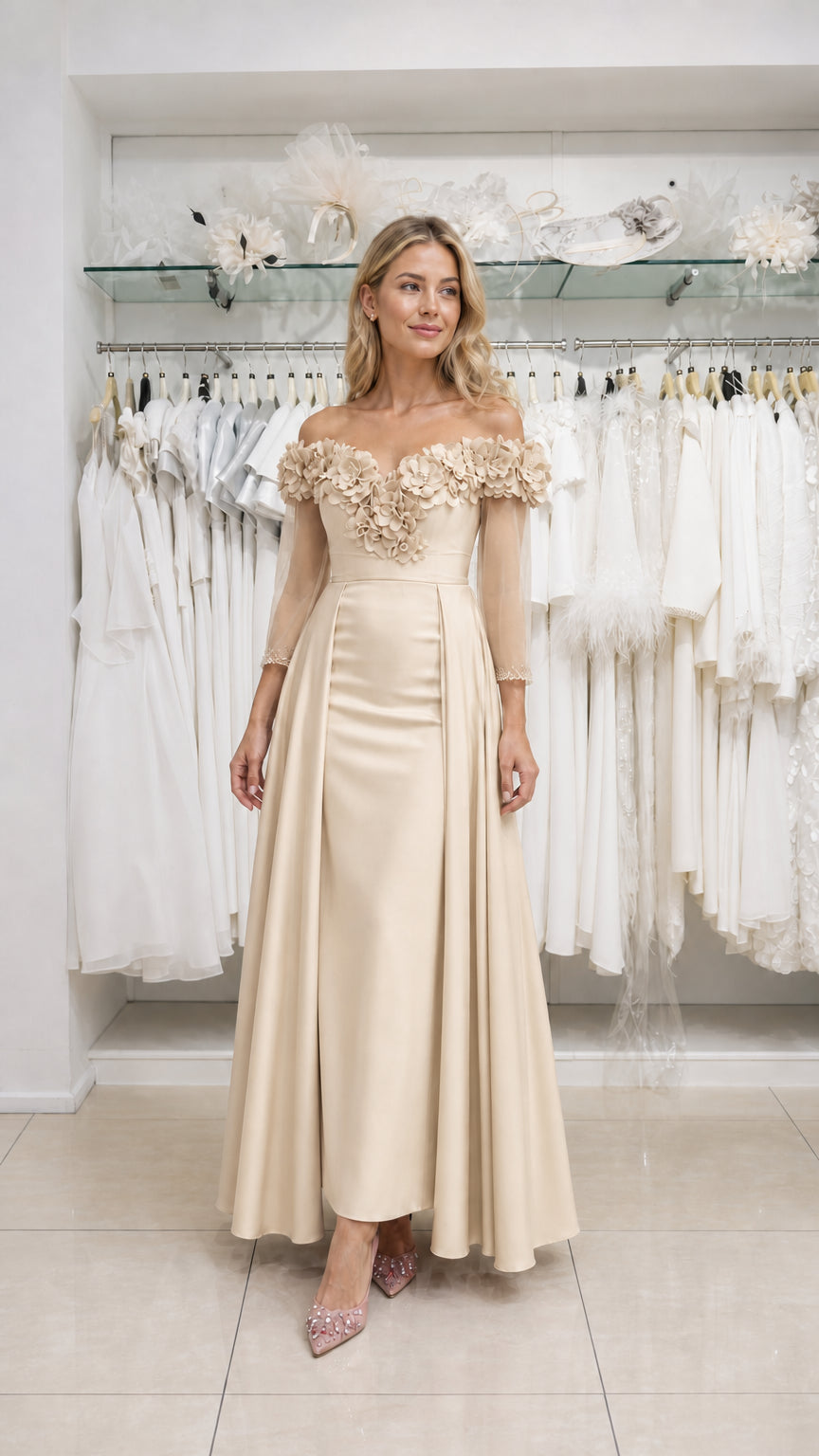 Model wearing champagne evening dress