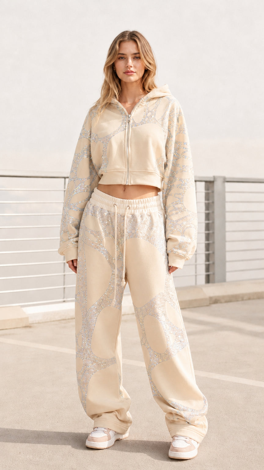 Women's cream off-white cropped hoodie and wide-leg tracksuit set