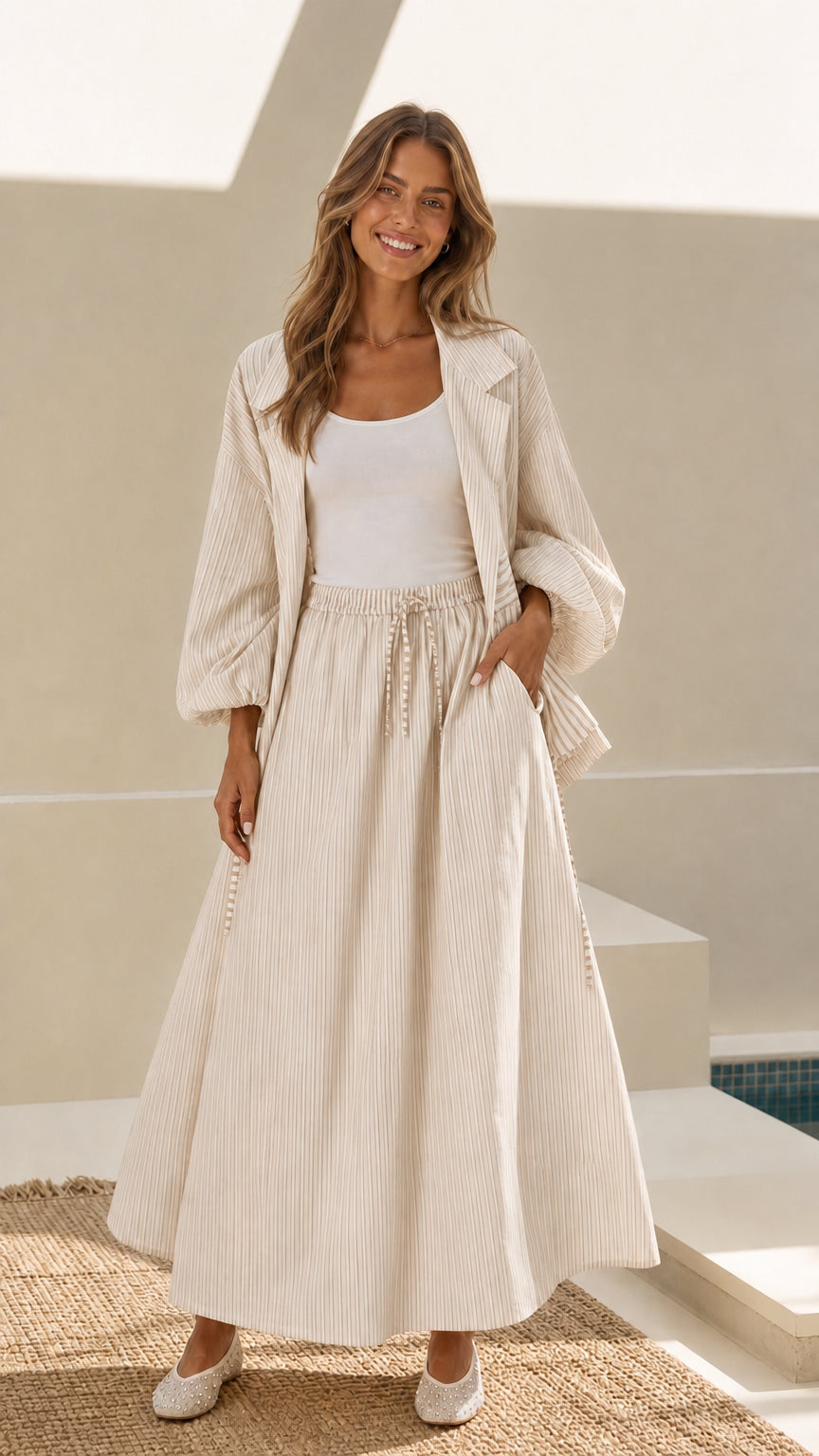 Model wearing beige oatmeal striped open-front jacket and maxi skirt set