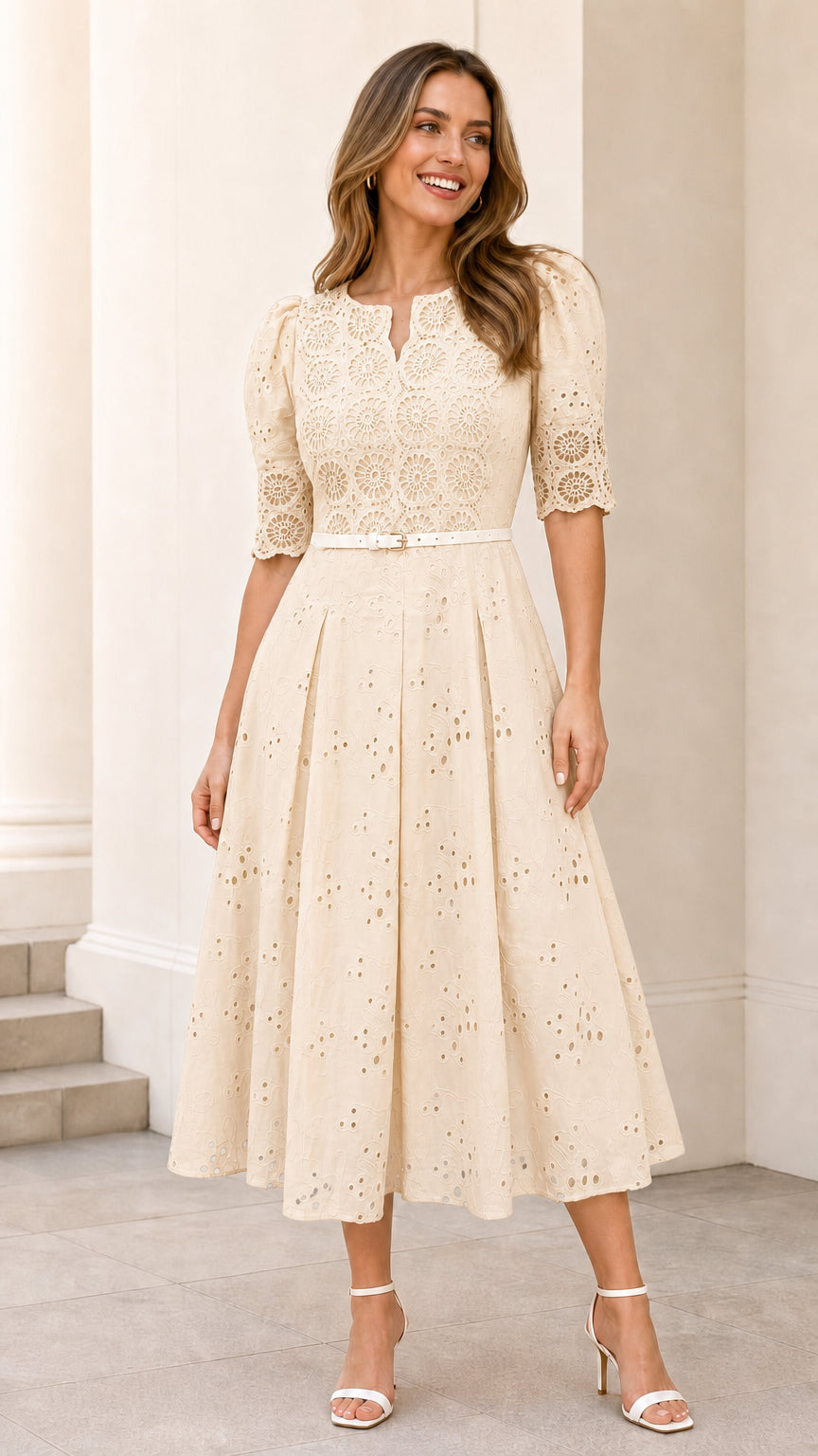Front full view of beige eyelet midi dress