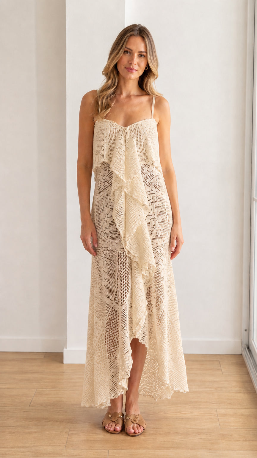 Model wearing beige crochet lace ruffle maxi dress