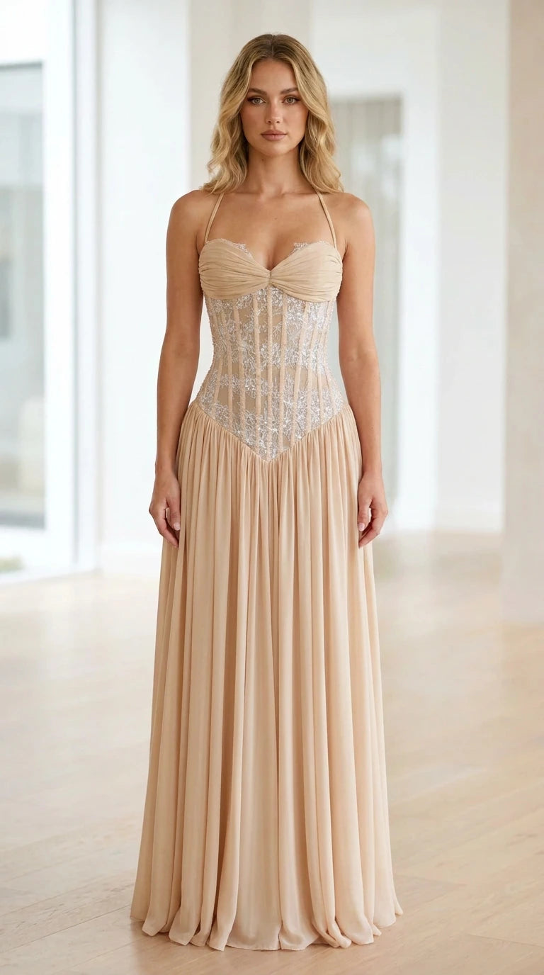 Front view of champagne halter neck sequin corset long dress