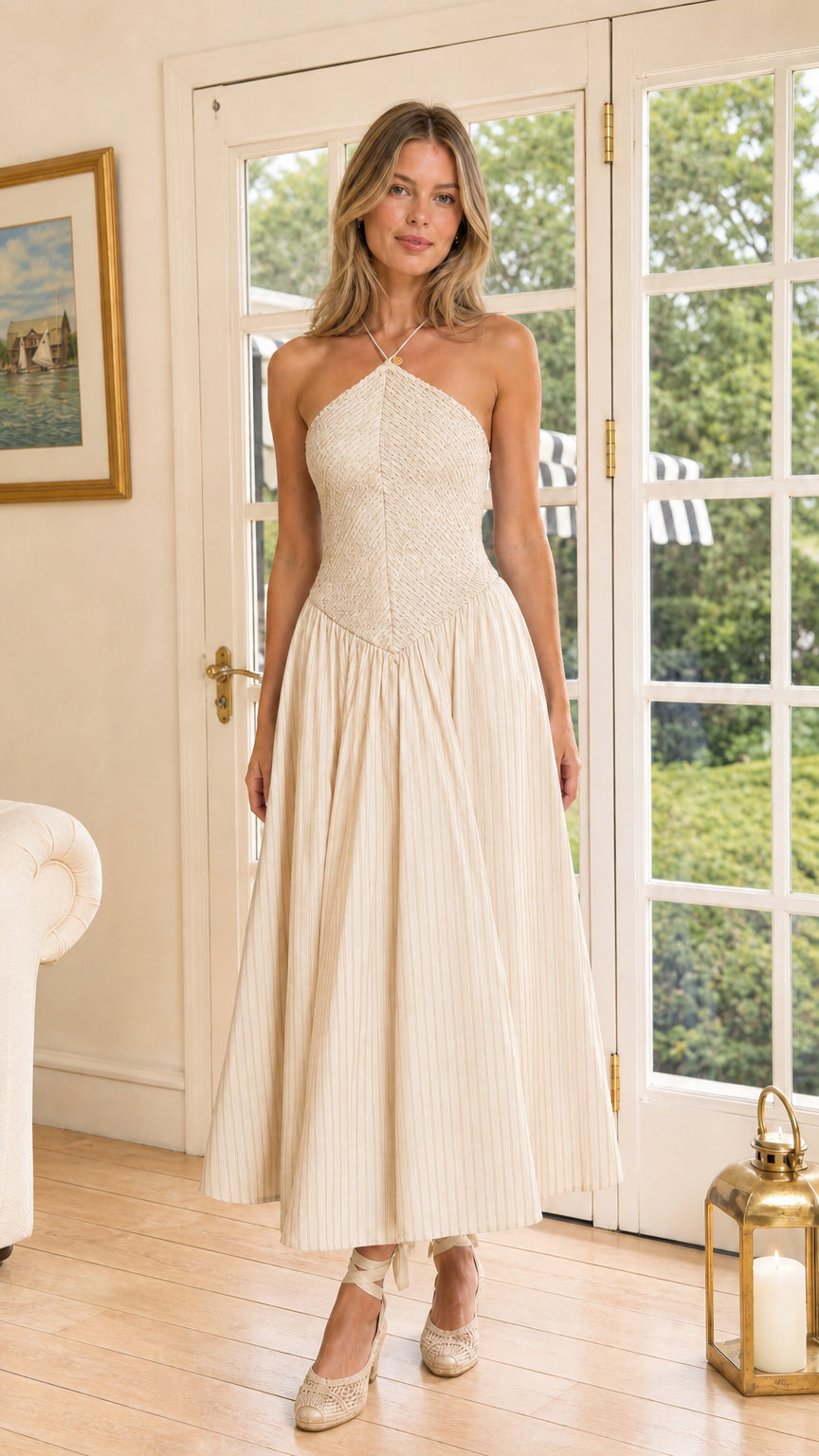 Model wearing cream halter neck smocked basque waist striped midi dress