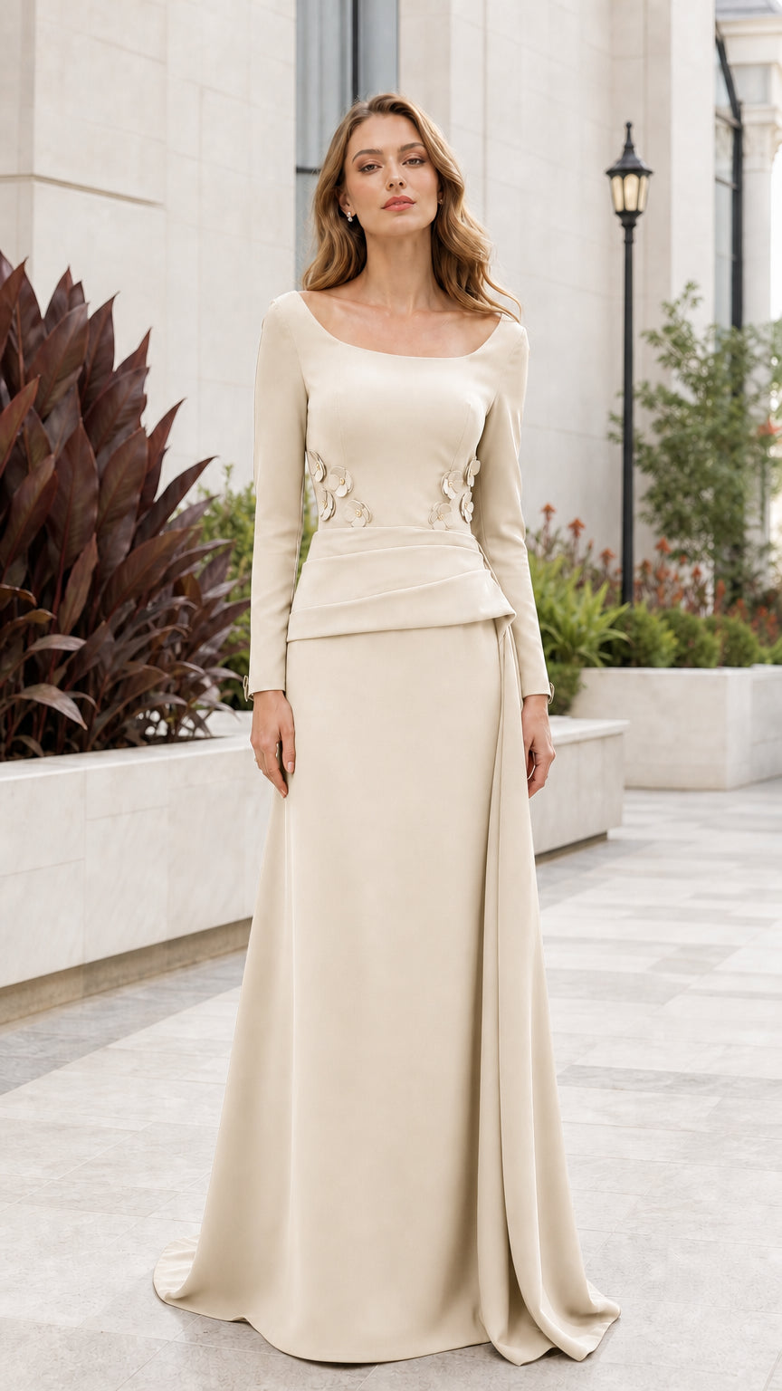 Front view of champagne long sleeve formal evening dress