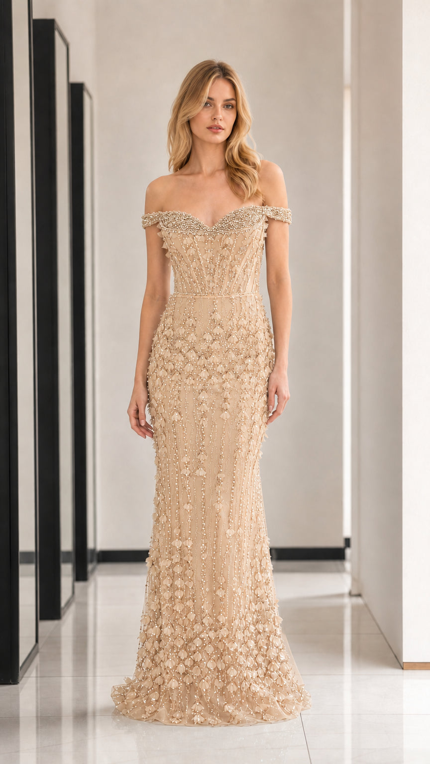 Champagne off-shoulder beaded evening gown