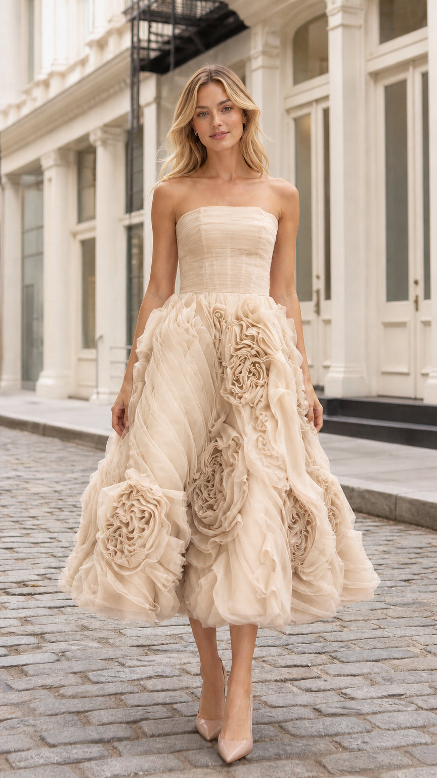 Front view of champagne beige strapless tulle midi dress