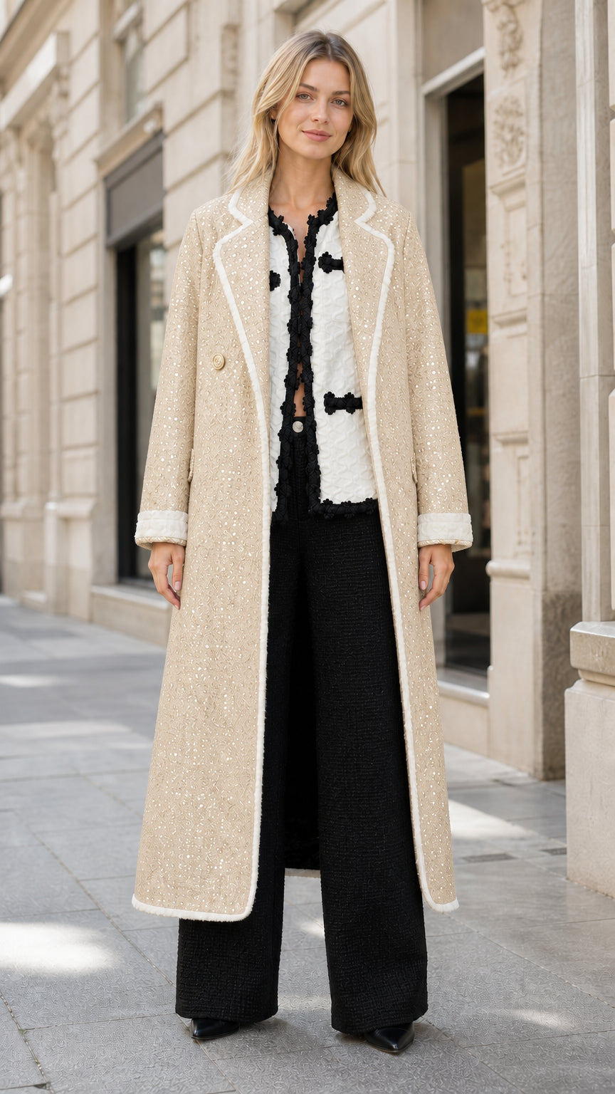 Model wearing champagne beige sequin tweed longline overcoat with white trim
