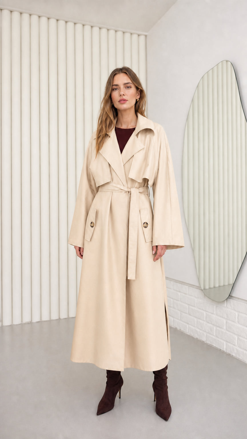 Model wearing Cream off-white belted maxi trench coat