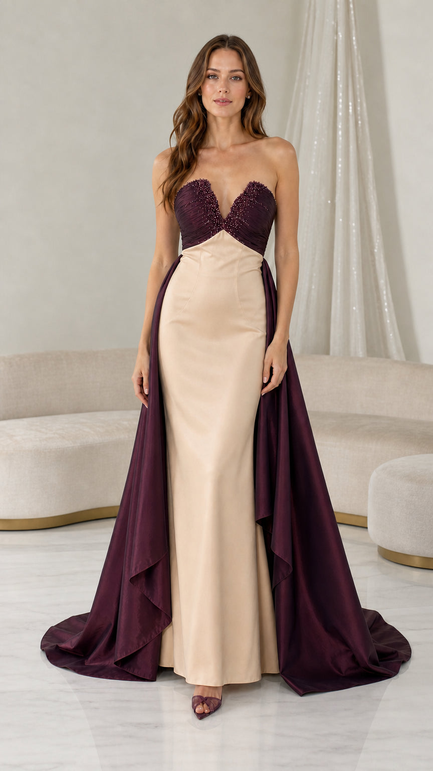 Full length view of champagne and burgundy color variant evening dress