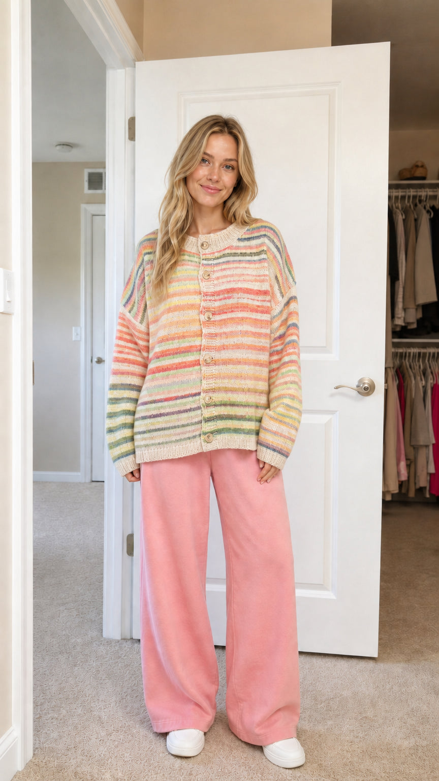 Front view of cream-based striped cardigan variant