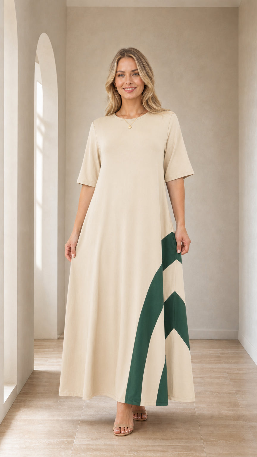 Front view of woman wearing Cream color-blocked maxi dress