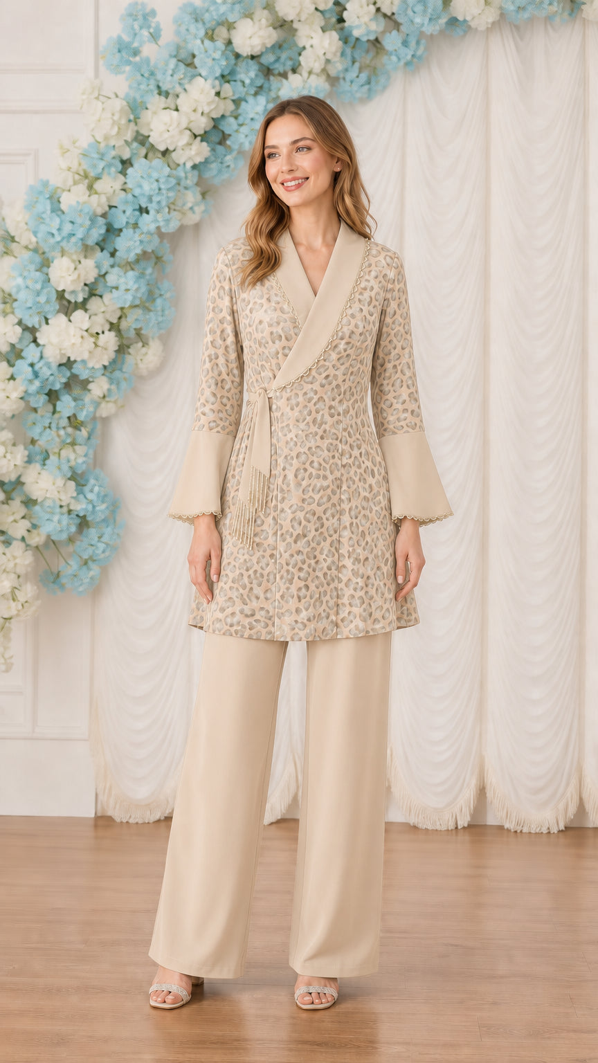 Champagne beige textured wrap tunic and matching flowing wide-leg pant set