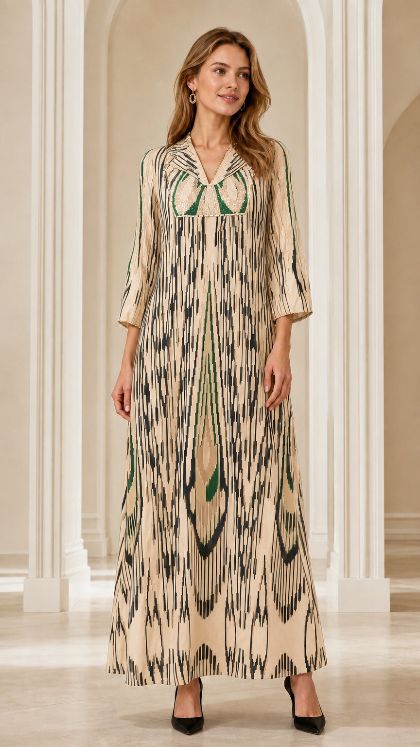 Front full-length view of woman wearing Cream Ikat Print Embellished Maxi Dress