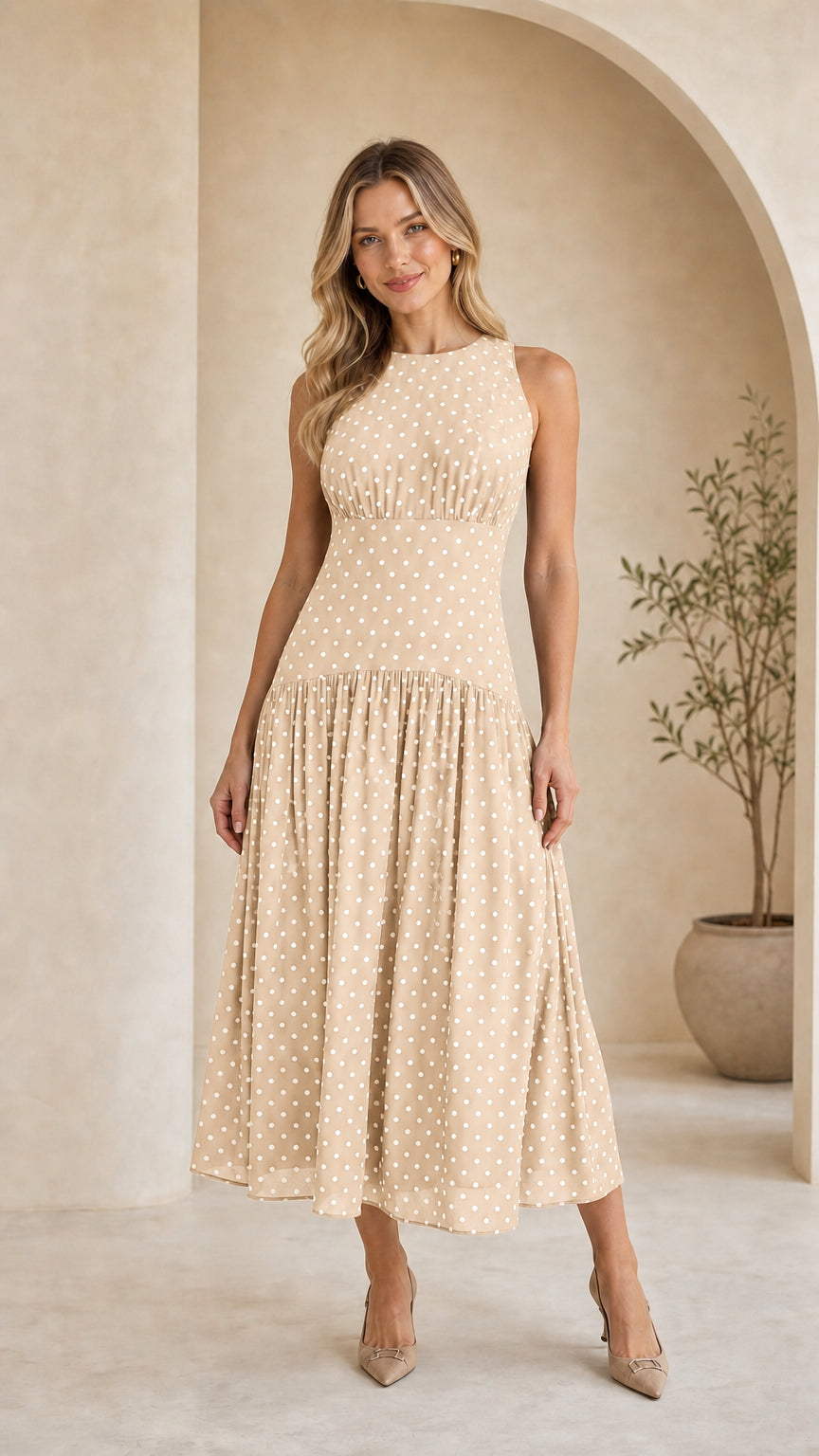 Model wearing beige polka dot midi dress