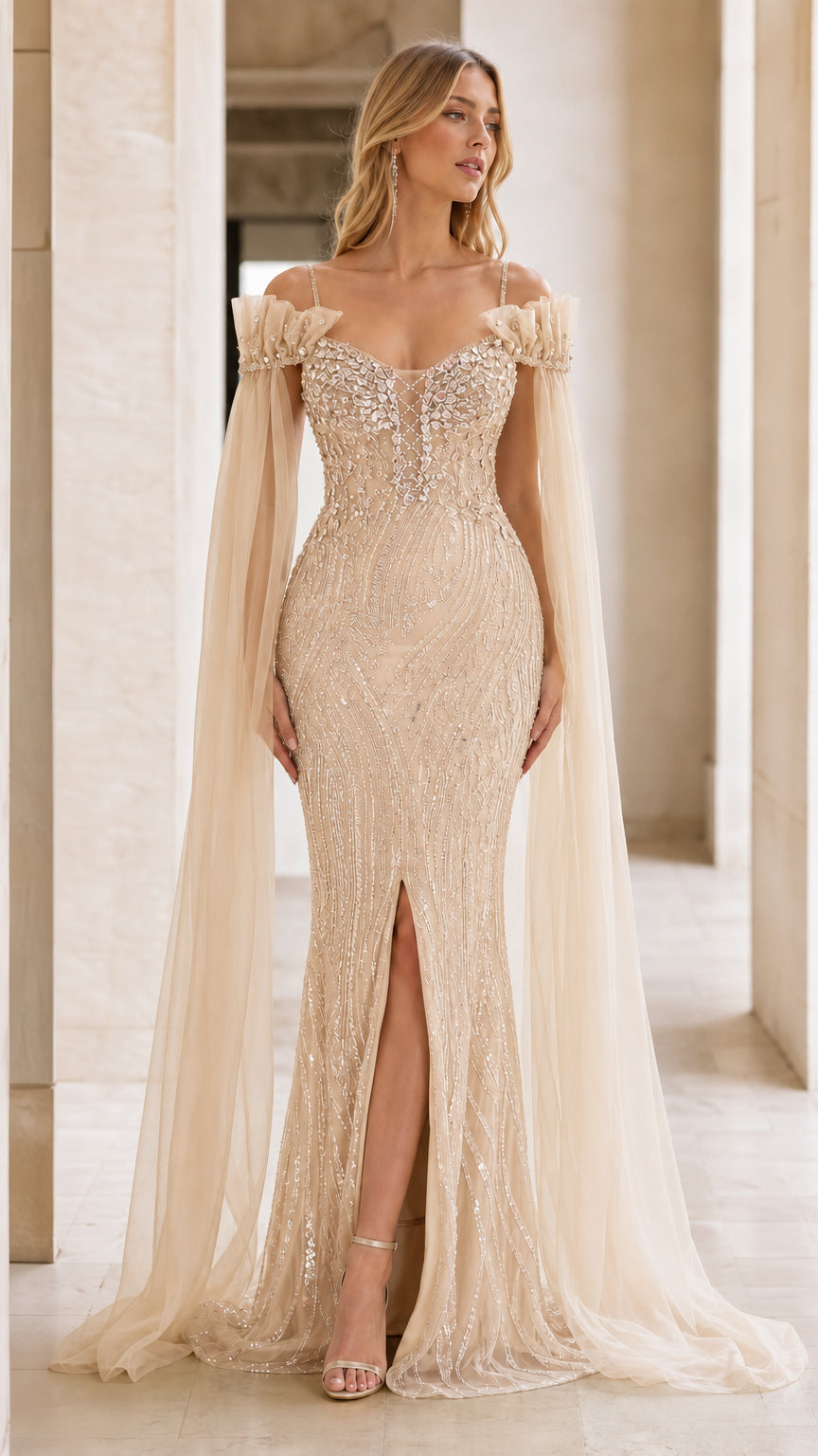 Champagne color variant of the beaded mermaid evening dress