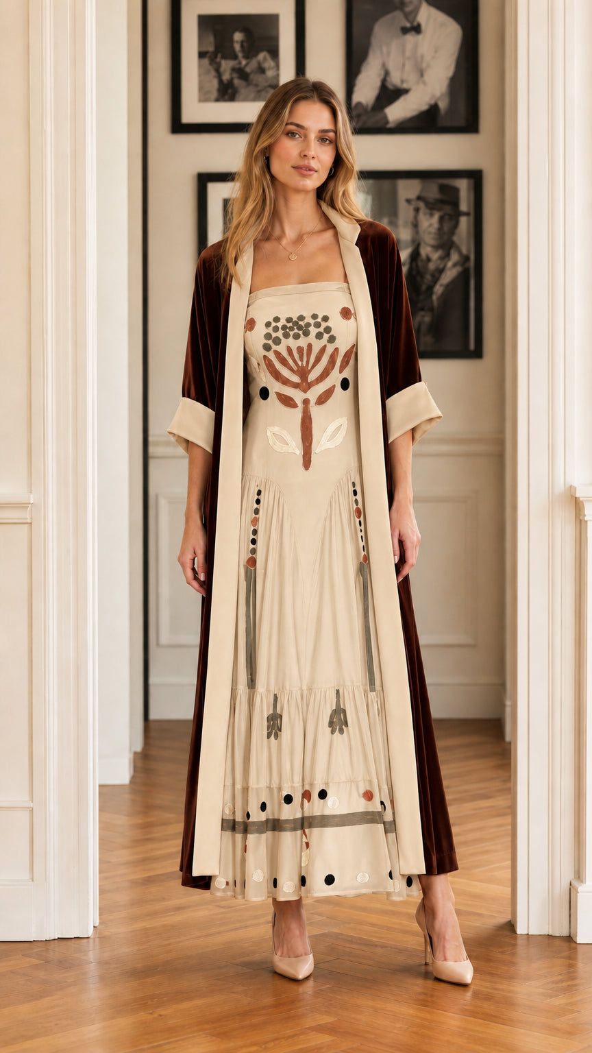 Champagne beige embroidered tiered maxi dress with dark velvet duster coat