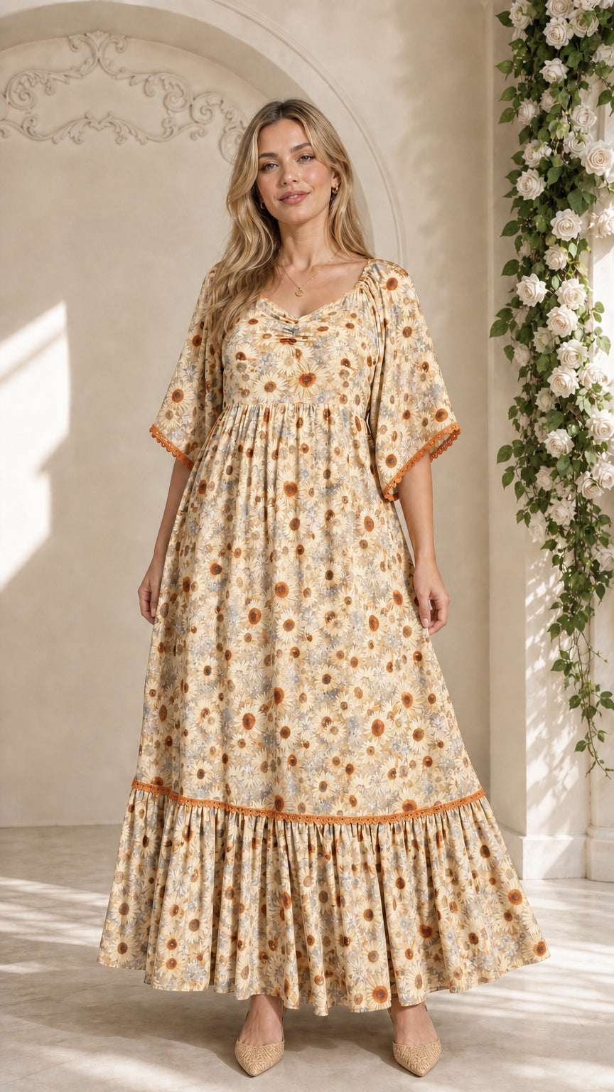Model wearing cream beige floral tiered maxi dress with lace trim