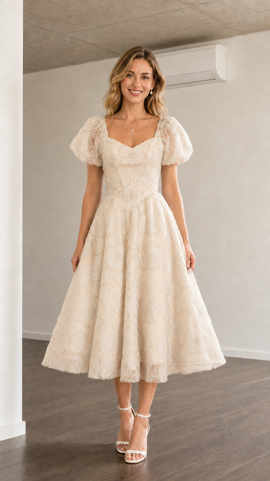 Front view of champagne puff sleeve midi dress