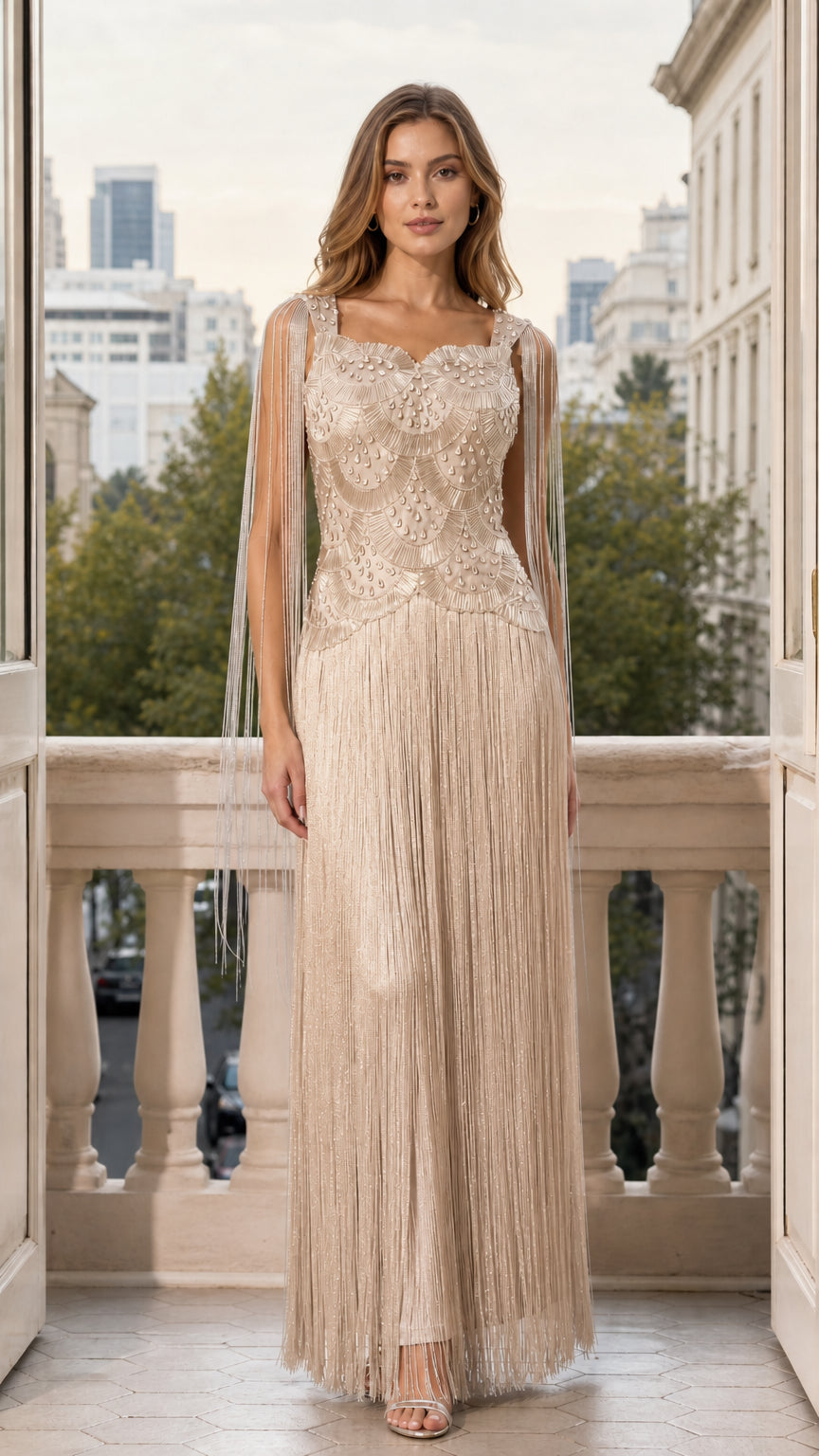 Front view of woman wearing champagne gold beaded fringe maxi evening gown