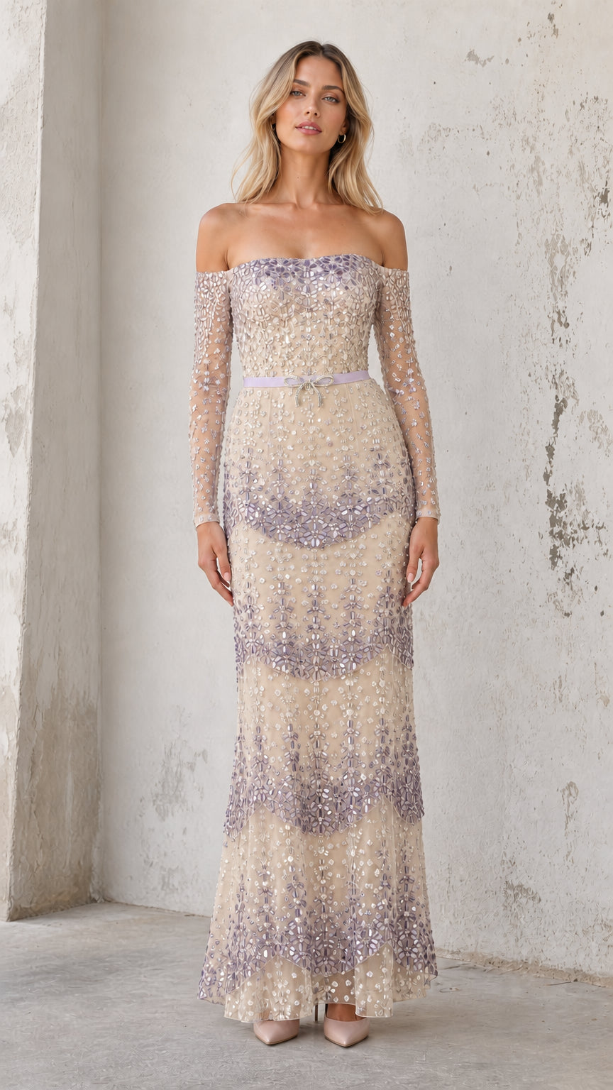 Model wearing champagne sequin off-shoulder evening gown